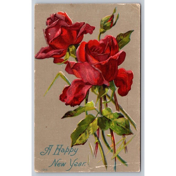 Postcard Happy New Year Red Roses Unposted c1910s Antique - Picture 1 of 2